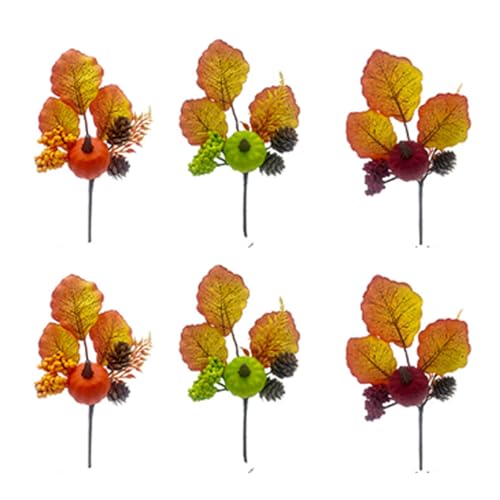 BEIJIALY 6 Pack Artificial Maple Leaves Branches, Pumpkin Picks Fall Picks Artificial Berry Stem, Fall Pick with Pumpkins and Maple Leaves for Harvest Autumn Thanksgiving Day