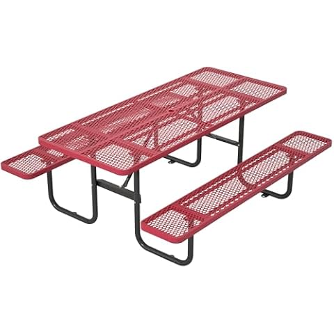 Mulinsonfly Durable Expanded Metal Rectangular Picnic Table Bench Set - 72" Heavy Duty Outdoor Picnic Table with 2 Built-in Benches, 1.73" Umbrella Hole for Patio, Backyard, Garden (Red) Cover