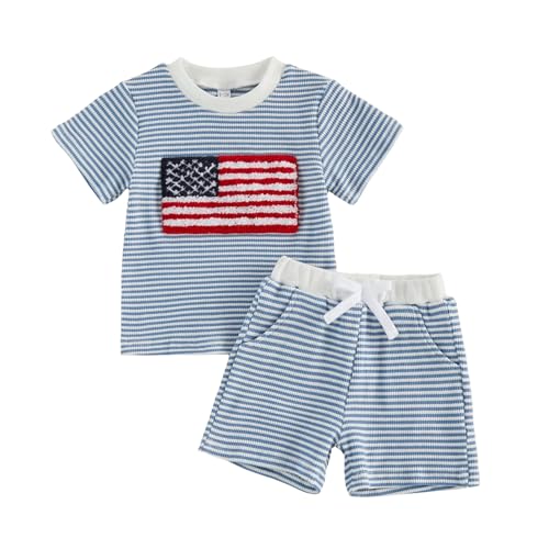 FOCUSNORM Toddler Baby Boys 4th of July Outfits Flag Embroidery Waffle Short Sleeves T-Shirt and Shorts Set 2 Pcs Clothes (Striped Blue 3-4T)