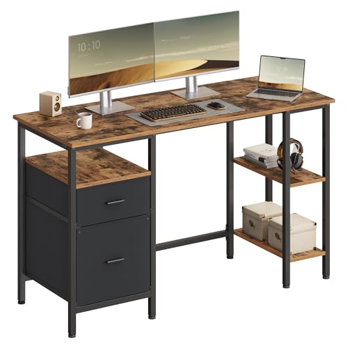 VASAGLE Escritorio, Mesa de Ordenador, Mesa de Oficina, con 3 Estantes, 2 Cajones, 127 x 50 x 76 cm, para Oficina, Salón, Estilo Industrial, Marrón Rústico y Negro Mate LWD103KD01