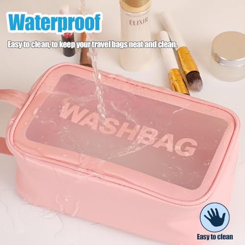 Image of KUKLAR Wash Bag Pouch for Travel Kit Toiletry Bag Cosmetic Bag Make Up Box for Brushes, Accessories with Handle, Large Capacity Translucent Waterproof Travel Storage Small Size 25X16X10 (Pink)