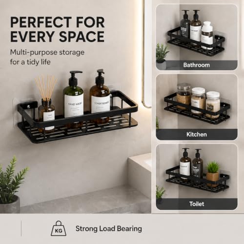 Image of MorivaHomes Self-Adhesive Bathroom Shelf for Wall Shelf Organizer Wall Mounted Bathroom Shelves Rack Holder Stand for Bathroom Accessories Organiser Without Drill (Black, Pack of 2)