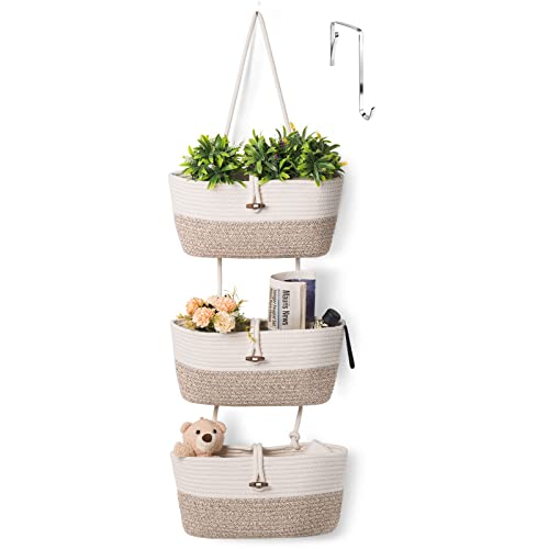 Image of Oradrem Over the Door Basket Cotton Rope Organizer, 3-Tier Wall Hanging Storage Basket, Closet Organizing, Decorative Baskets for Organizing Living Room—14.5“x7" (Apricot)