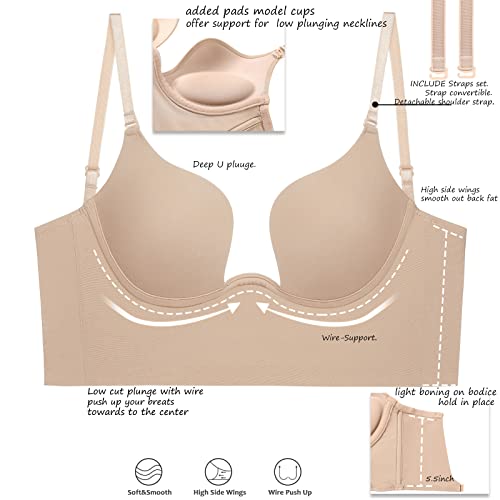 Sealsea Womens Low Back Bra Wire Lifting Deep U Shaped Plunge Backless Bra With Convertible Clear Straps #TOP4