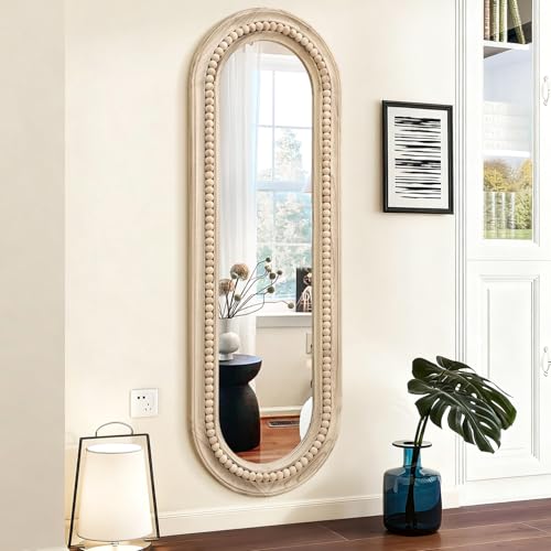Image of MWAZZLL Full Length Mirror Oval Wood Framed Large Rustic Beaded Mirrors 120x40cm Decorative for Bedroom Living Room Entryway Hallway