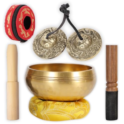 Rimikuru ティンシャ シンギングボウル 楽器 セット 浄化用 龍 サウンドヒーリング チベタンベル スティック クッション ケース 瞑想 入門 音 癒し (6点セット・龍神)