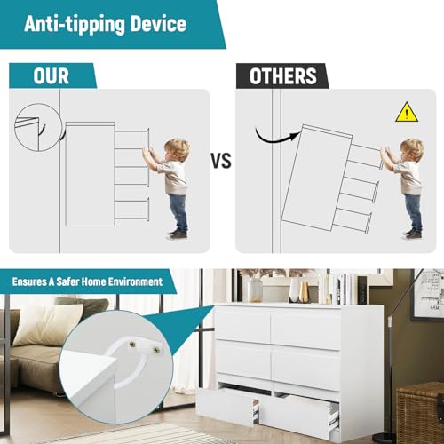 YORKING 6 Drawer Dresser for Bedroom,White Dresser,Wood Dresser,Dresser Set for Bedroom,Dressers and chests of Drawers Large Storage Cabinet,47.2\" D x 15.7\" W x 32.3\" H