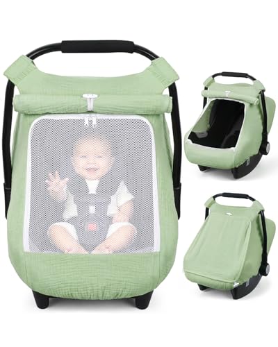 Image of Rquite Car Seat Cover Baby Girl Boy, 100% Muslin Cotton Carseat Covers, Breathable Infant Windproof Canopy with Mesh Window, Stroller Sun Shade for Summer & Hot Day, Sage Green