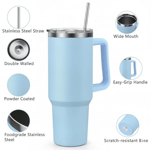 Image of Double Wall Insulated Stainless Steel Tumbler with Handle 1200ml | Travel Mug with Steel Straw| Hot & Cold Beverage Flask | Easy Carry Home, Office, Gym (Blue)