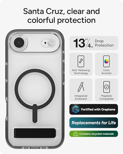 Image of ZAGG Santa Cruz Snap Case with Kickstand for iPhone Air - Jet Black, Drop Protection (13ft /4m), MagSafe Charging Compatible, ClearGuard Anti-Yellowing Technology, Scratch Resistant Phone Case