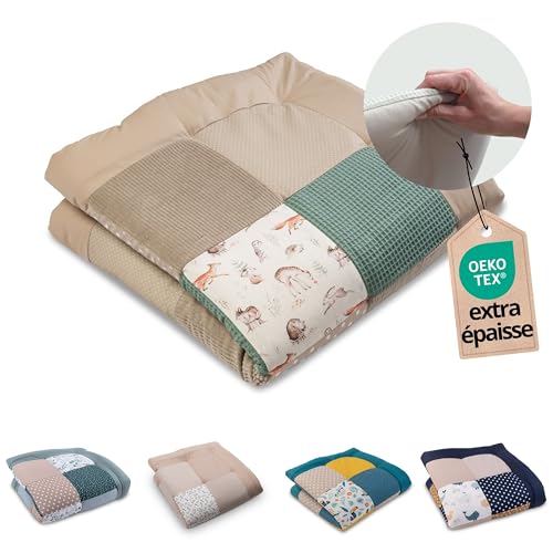 ULLENBOOM ® Tapis d’Éveil et Matelas pour Parc Bébé Amis de la forêt (100x100 cm Tapis sol bébé patchwork, Motifs étoiles, pois et vichy)