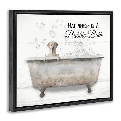 Image of 'Happiness Is A Bubble Bath Dog'| Floating Frame Canvas Art | Stupell Industries | Black, 21 x 17 Inches, Easy to Hang and Sturdy, Made in USA, by Lori Deiter