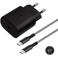 Cargador Z Flip 3 Cargador Rápido USB C de 25 W Fuente de Alimentación Cargador Rápido para Samsung Galaxy S22/S21+/S21 Ultra/Z Flip 3/Z Fold 3 5G/S20/Note20/10/9/S10 con Cable de Carga de Nailon Tipo C de 2m (Negro)