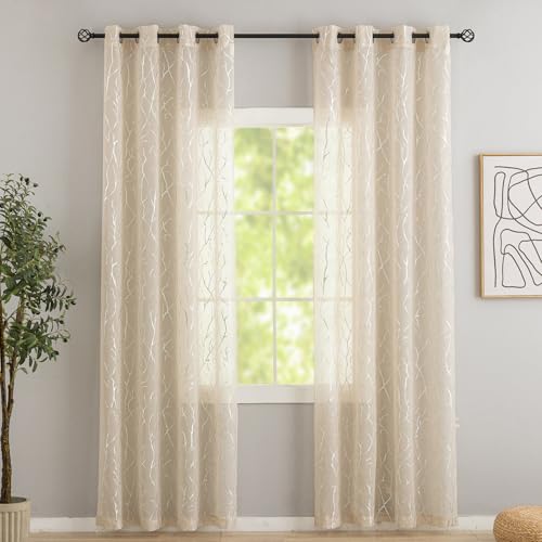 Kotile Metallic Taupe Sheer Curtains 95 Inch Length 2 Panels Silver Shimmer Tree Branch Pattern Curtains for Living Room, Grommet Light Filtering Privacy Sheer Window Drapes, 52 x 95 Inch by Kotile - Used condition - US$15.73