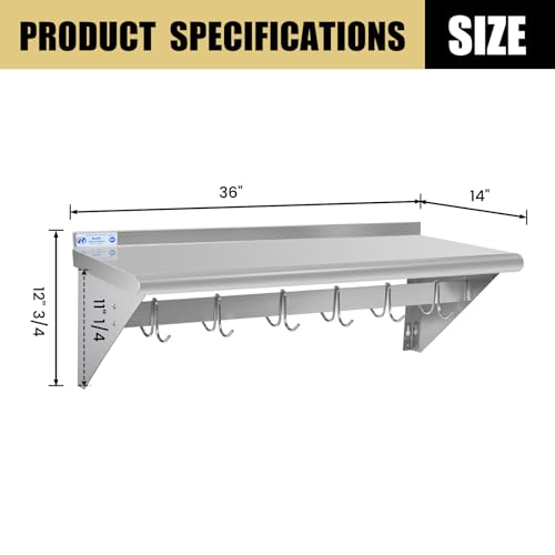 Image of Hally Stainless Steel Shelf with 6 Hooks 14 inch x 36 inch Wall Mounted Pot Rack 300lb, NSF Commercial Floating Shelving for Storage Hanging Pots, Pans, cookware in Restaurant, Kitchen, Home and Hotel