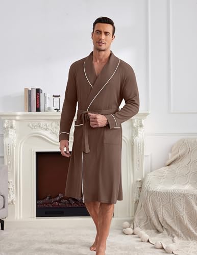 Image of Ekouaer Mens Robes Lightweight Waffle Knit Kimono Bathrobe Long Sleeve Sleepwear Soft Knee Length Robe with Pockets S-3XL