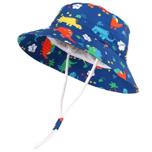 LANGZHEN Cotton Sun Protection Hat for Kids Toddler Boys Girls Wide Brim Summer Outdoor hat Baby Bucket Hat with Chin Strap(Dinosaur World-Blue,S:6-12M)
