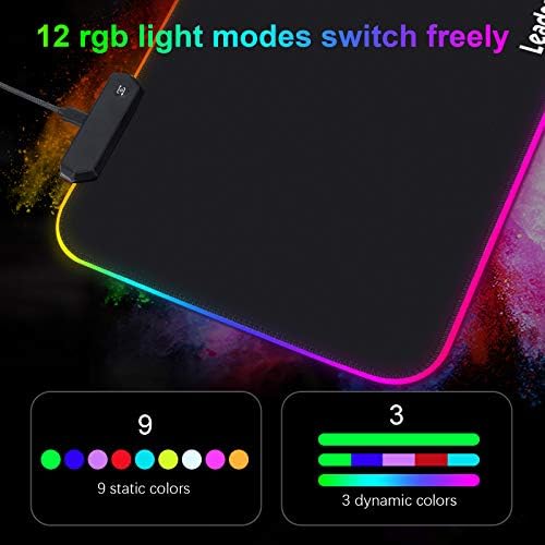 LeadsaiL RGB Gaming Mouse Mat 350*250*4mm with 12 Light Modes Luminous Mousepad, Non-slip Rubber Base, Spill-Resistant Glowing LED Mouse Mat for Laser/Optical Mice