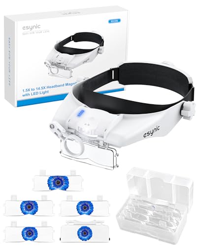eSynic Lunettes Loupe Grossissante avec Éclairage LED-Casque Loupe Frontale Serre Tête-5 Lentilles Détachables(1.5X, 2.0X, 2.5X,3.0X,3.5X) Tous Les...
