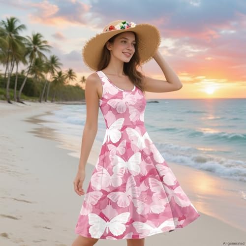 Image of TOADDITDO Women's Sleeveless O Neck Beach A-Line Party Coctail Tank Dresses Flared Sundress