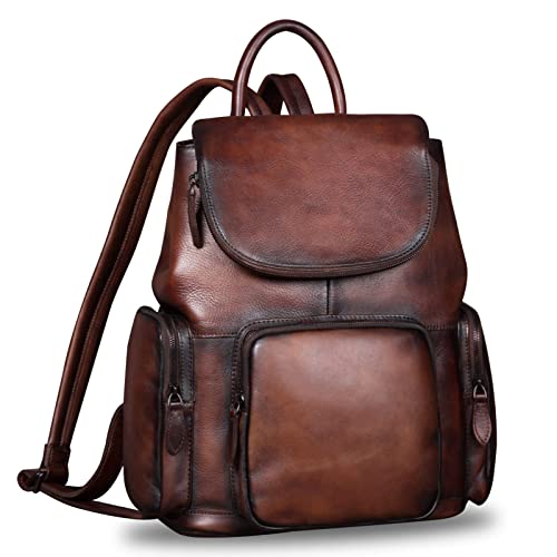 IVTG Genuine Leather Backpack for Women Shoulder Bag Vintage Designer Back Bag Fashion Rucksack Casual Daypack (Coffee)