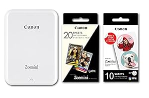 Canon Zoemini Instant Mini Photo Printer (White) + pack of 20 sheets + pack of 10 circle stickers