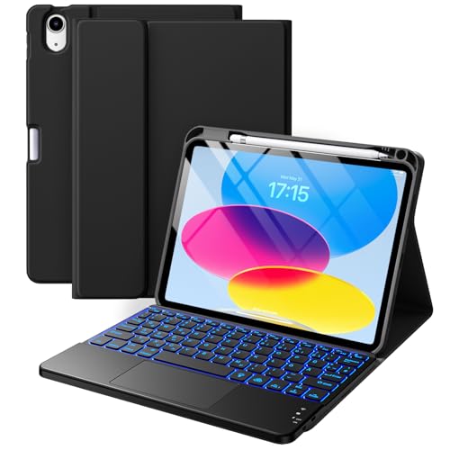 Vobafe Touchpad Hülle mit Tastatur für iPad A16 11 10 Generation 2025 2022, 11/10,9 Zoll, Magnetische Abnehmbar Tastatur, 7 farbige beleuchteter, mit Stifthalter, QWERTZ Layout, Schwarz 1