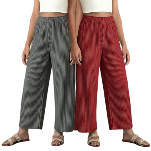 Image of Set of Combo Trouser and Pants for Girls and Women's Relaxed Fit Stretchable Regular Fit Palazzos Lightweight Elastic Waistband Bottoms for Daliy Office & Casual Wear