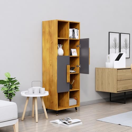 Image of Bniture Bookshelf for Home | Engineered Wood Book Shelf with 2 Door & 6 Shelf | Open Book Shelf Stand for Library | Multipurpose Display Organizer for Living Room & Study | Giant Wood & Slate Grey