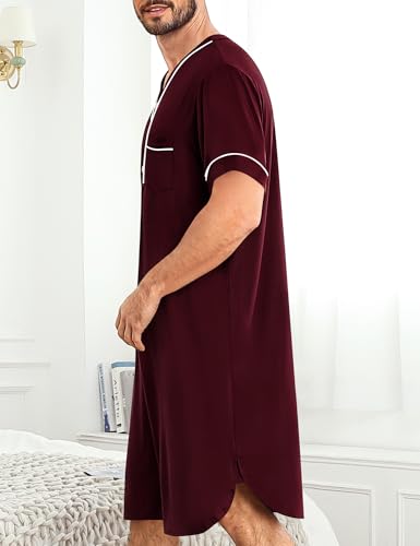 Image of SWOMOG Mens Nightgown Short Sleeve Lounge, Sleep Henley Shirt Pajama Big & Tall Nightshirt Comfy Nightwear M-3XL
