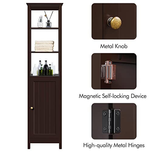 Yaheetech Tall Bathroom Storage Cabinet With Door And Shelves, 3 Tier Narrow Toilet Organizer With Open Shelves, Thin Corner Freestanding Floor Cabinet, 63 In H, Espresso #TOP4