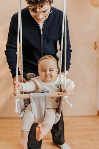 Tulano Hop 30 Huśtawka ogrodowa dla dzieci niemowląt od 6-36 miesięcy, Drewniana, Do domu, Wytrzymałość do 36 kg, z Pasem bezpieczeństwa, Dwie poduszki, Beżowa