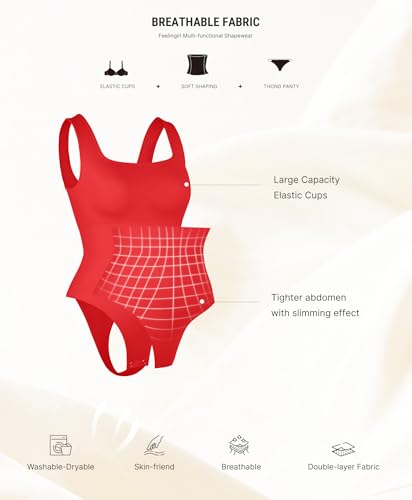 Image of FeelinGirl Bodysuits for Women Seamless Square Neck Tummy Control Compression Thong Shapewear Bodysuit Tank Tops Bodysuit