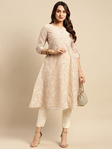 Image of rangita Women's Chanderi Relaxed Fit Flared Calf Length Printed Kurti for | Kurta