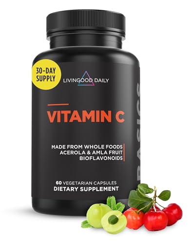Livingood Daily Vitamin C Supplement, 3-in-1 Whole Food-Based Vitamin C with Acerola & Amla Fruit Extracts and Citrus Bioflavonoids for Immune Support, Vegan, Gluten Free, Non GMO, 60 Capsules