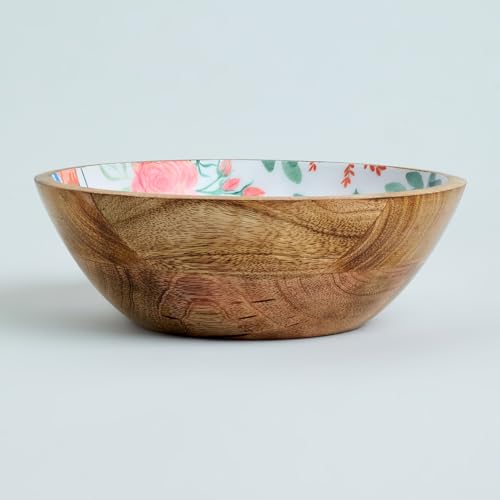 Image of SAAGA Large Printed Mango Wood Mixing Bowl - 8 x 2.5 Inch Round Wooden Serving Bowl | Ideal for Salad, Fruits, Snacks & Curries - Canyon Clay