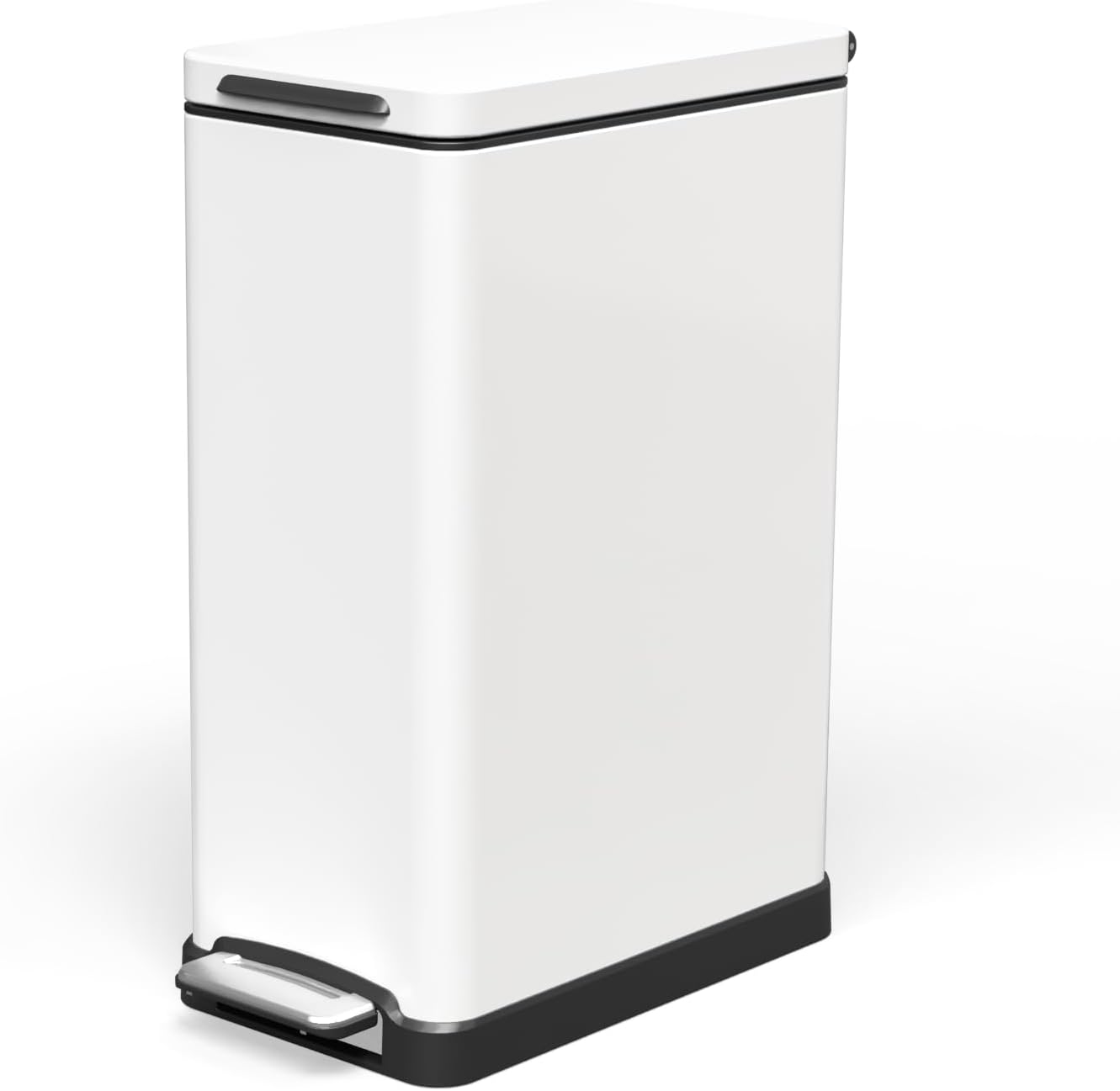 Home Zone Living 12 Gallon Slim Kitchen Trash Can with Soft Close Lid, Step Pedal, Bag Tuck Band, and Removable Liner, Stainless Steel, Matte White, V2