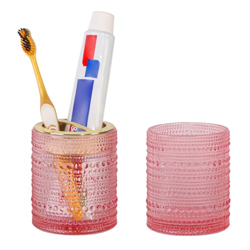 Tonxus Pink Glass Toothbrush Holder Bathroom Toothbrush Holder Set 2pcs 10oz Tumbler Cup Toothbrush and Toothpaste Holder with Gold Divider Bathroom Storage Canisters Organizer for Decor
