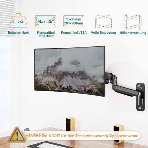 ELIVED Monitor Wandhalterung für Max. 35 Bildschirme bis zu 12kg, VESA 75/100/200mm, Gasdruckfeder PC Monitor Hatlerung Wand, Höhenverstellbar Monitorhalterung, Ultrawide Premium-Monitorarm EV6023