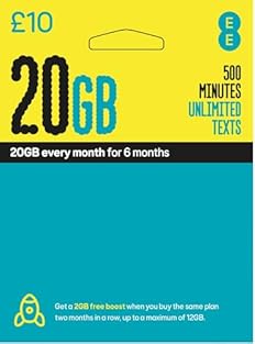 20GB Data included, lasts up to 30 days The packaging you receive may differ from the image displayed but the data you receive will be as detailed above Roaming is not included Free Boost - Buy 2 packs and get 2GB free 500 minutes and unlimited texts...