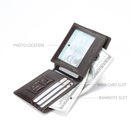 Image of Mens Trifold Leather RFID Blocking Wallet with 2 ID Windows 2 Cash Compartments 6-8 card slots 2-3 inside slots Large Capacity Wallet