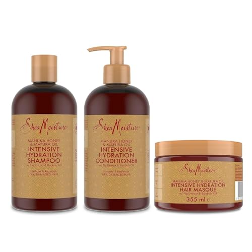 SheaMoisture Champú, Acondicionador y Mascarilla Capilar para cabello seco y dañado con Miel de Manuka y Aceite de Mafura pack para el cuidado del cabello 2x 384 ml, 1x 355 ml - 3 productos