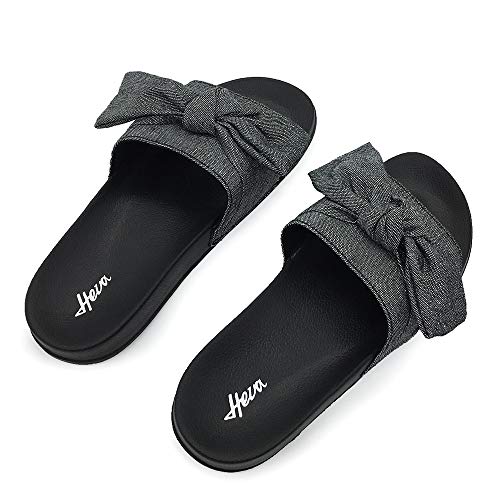Image of FUNKYMONKEY Women's Bowknot Slides Sandals Comfort Casual Beach Slippers | Soft Denim Fabric Upper & Comfortable EVA Sole, Lightweight Slip-On Slides for Summer, Beach, Pool, and Daily Casual Wear