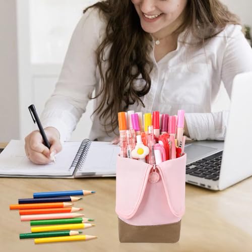 Image of iSuperb Standing Pencil Case Large Pencil Pouch Pen Holder Makeup Cosmetics Bag for Women Office (Pink)