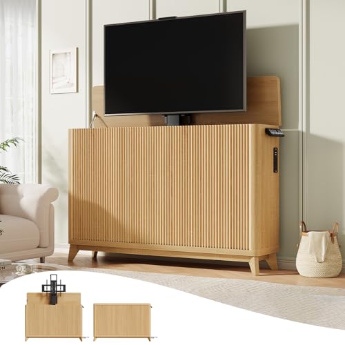 Itaar Motorized TV Lift Cabinet for 32-60 Inch TVs Modern Fluted Electric TV Lift Stand with 2 Memory Heights Built-in Outlets & USB Ports Ultra-Quiet Lift System Indoor & Outdoor Use Oak