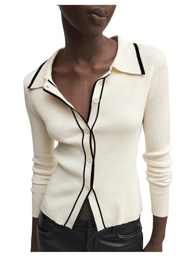 Image of GORGLITTER Women's Contrast Trim Button Down Sweater Cardigan Long Sleeve Collar Rib Knit Tops
