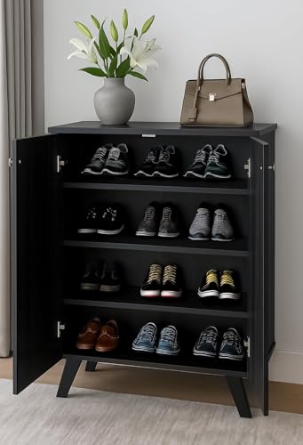 Image of Mevigo Shoe Rack Wooden with Door - 2 Door 4- Tier Engineered Wood Shoe Rack Organizer for Entryway, Hallway & Bedroom, Space Saving Shoe Storage Cabinet -Dark Grey-KA1