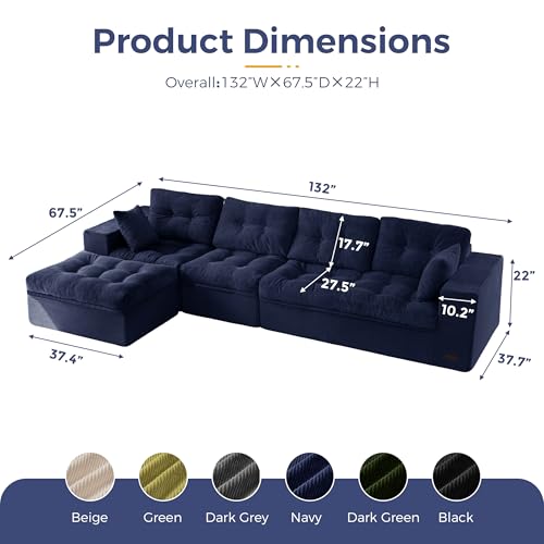 Image of MAXYOYO 132 inch L Shaped Modular Sectional Sofa with Ottoman, Cloud Boneless Couch with Layered Cushion, Upholstered Sofa in a Box, Flexible Module Combination for Living Room, No Assembly, Navy