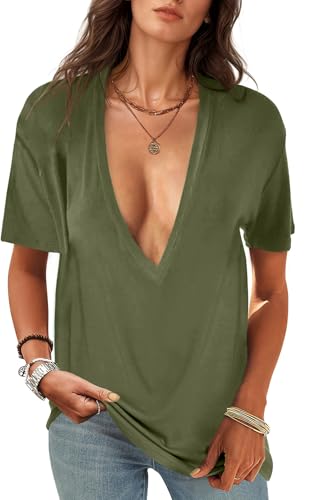 Image of UNCLECAT Womens Deep V Neck T Shirts Summer Oversized Short Sleeve Tops | V Neck, Sexy, Solid, Loose Fit, Casual, Trendy, Going Out, Daily Wear, Workout