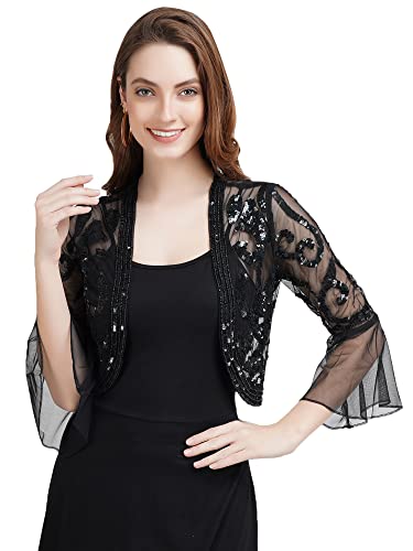 AOL Women net Sequins Embroidered Shrug with Flared Sleeves